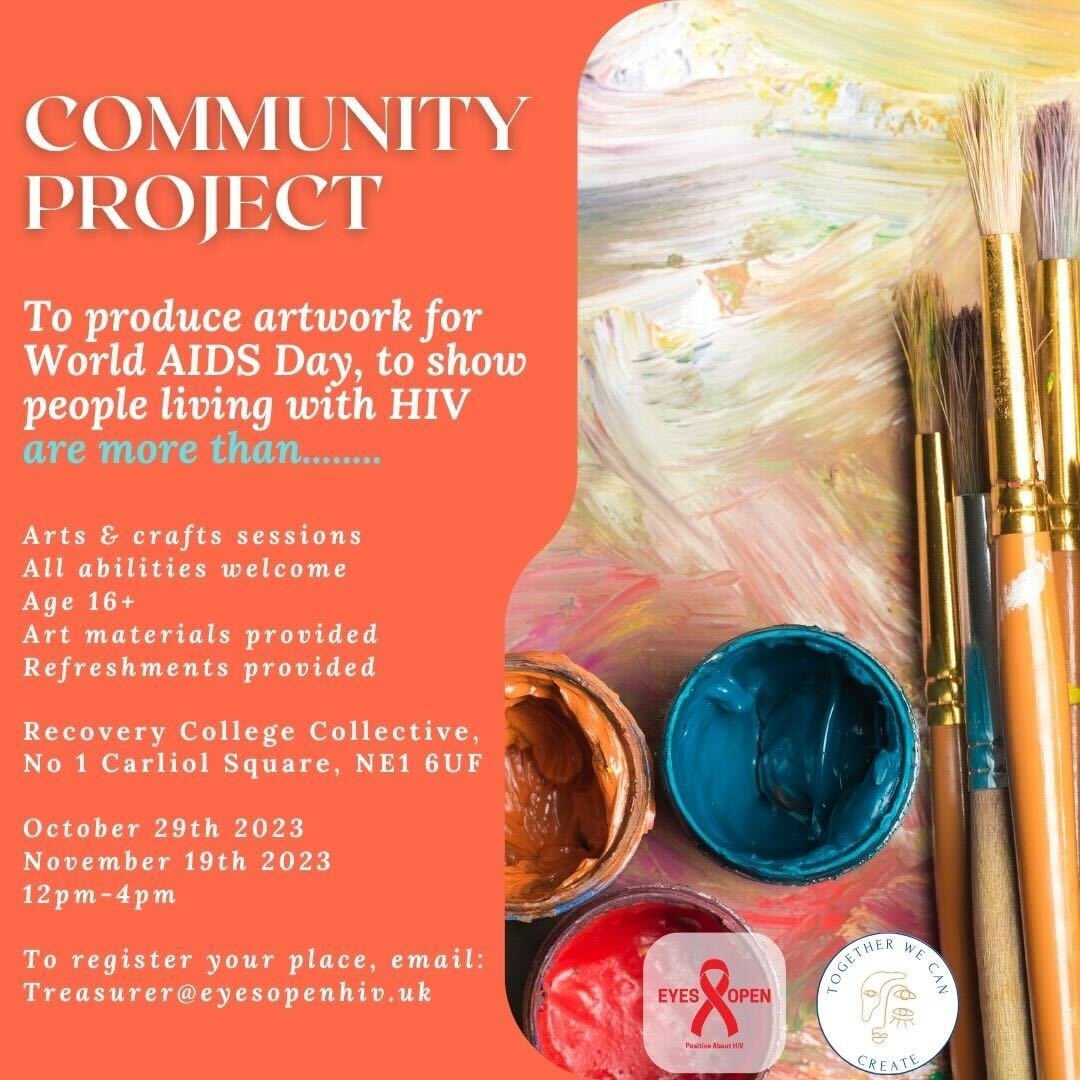 Community Project Event!

📅: Nov 19th 2023
 📍 : Recover College Collective, NE1 6UF

Help produce artwork for World AIDS Day