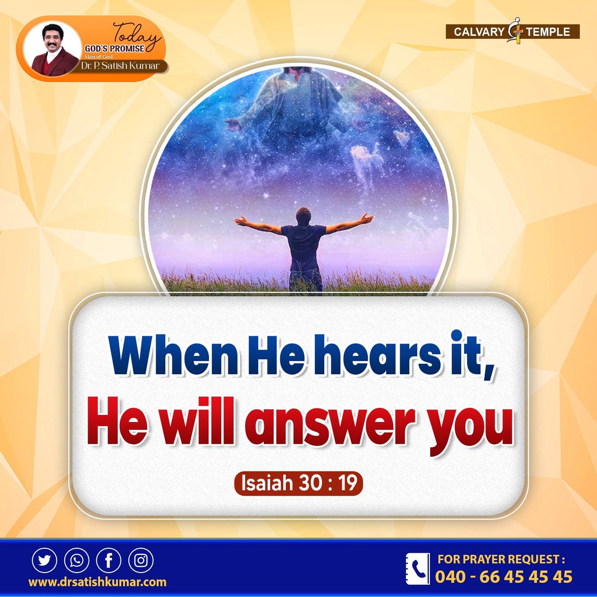 CalvaryTempleIN's tweet photo. O people in Zion, inhabitants in Jerusalem, you shall weep no more. He will be very gracious to you at the sound of your cry. When He hears it, He will answer you. 
Isaiah 30:19

#VerseoftheDay #CalvaryTemple #BibleVerseoftheDay #DrsatishKumar #CalvaryTempleIndia #India https://t.co/5Mn3hiRPA9