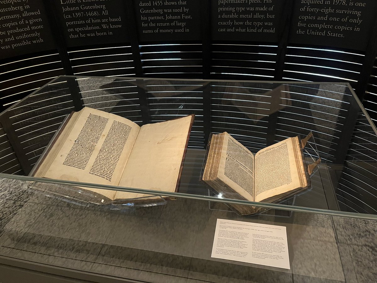 New GBerg display @ransomcenter, which chimes w/ the themes of my larger exhibition, The Long Lives of Very Old Books. W/ the Bible is the 1499 Cologne Chronicle. It is the first document we have that connects Gutenberg w/ a Bible, IDing it as the first substantial printed book.