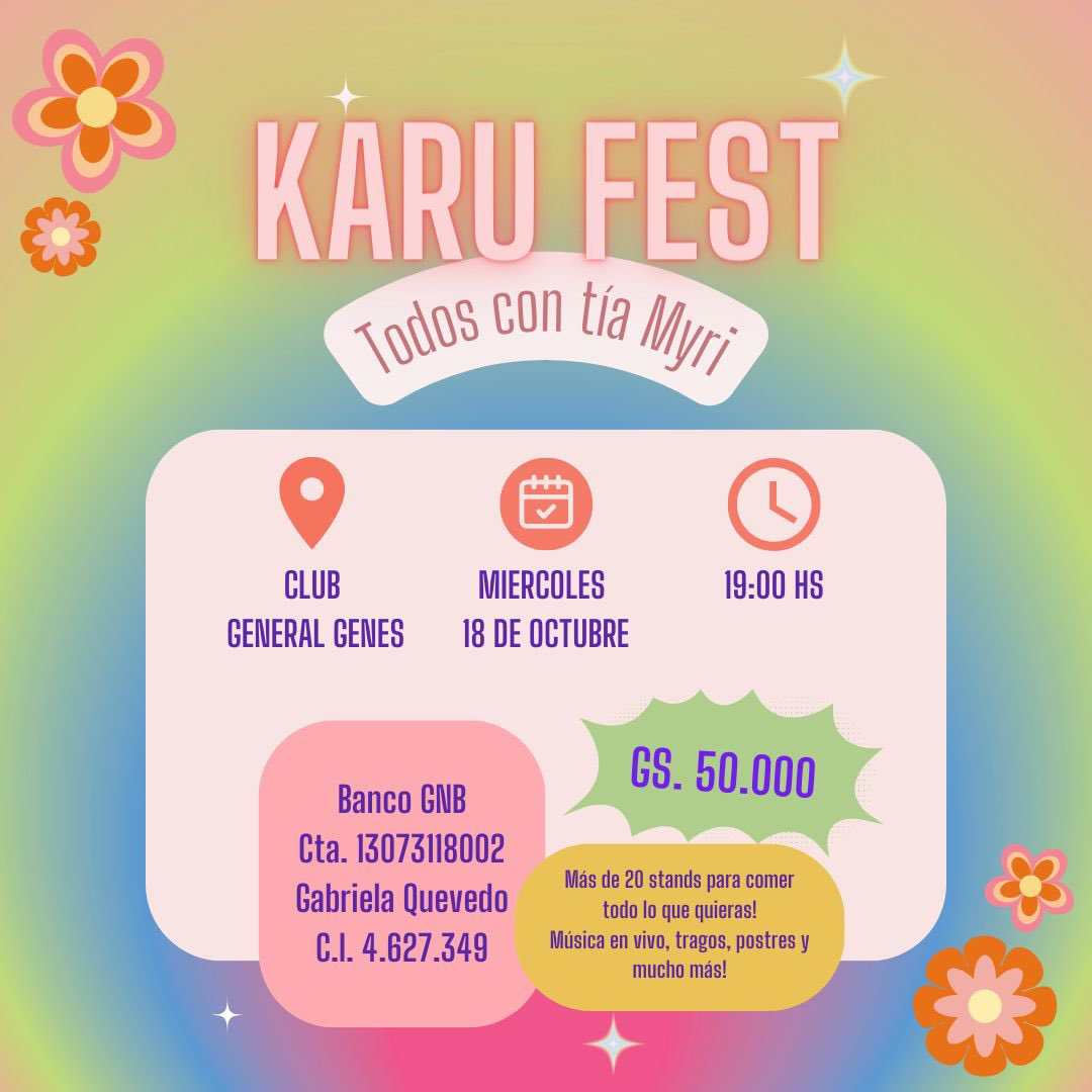 EN DOS SEMANAS!! 
Se viene un Karu Fest súper lindo, lleno de comida riquisima 🍔🌭 tragos 🍹 y mucho más! 🍻
Todo por una buena causa ❤️
Pueden comprar YA sus adhesiones ➡️ 0982636912