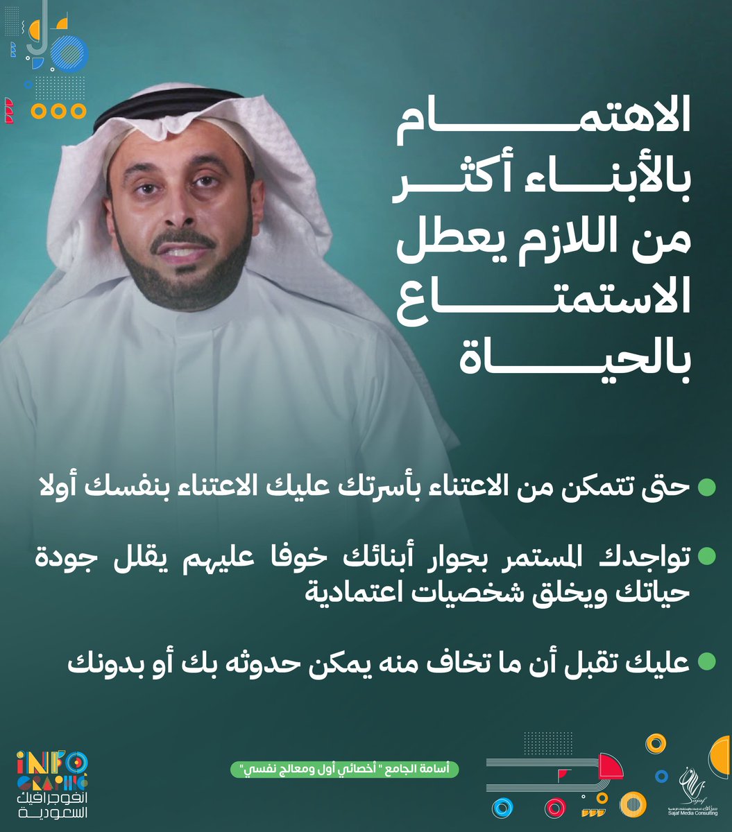 infographic_ksa's tweet photo. الجامع :  إذا أردت الاعتناء بأسرتك عليك الاعتناء بنفسك أولا https://t.co/yuqdzMqrH5