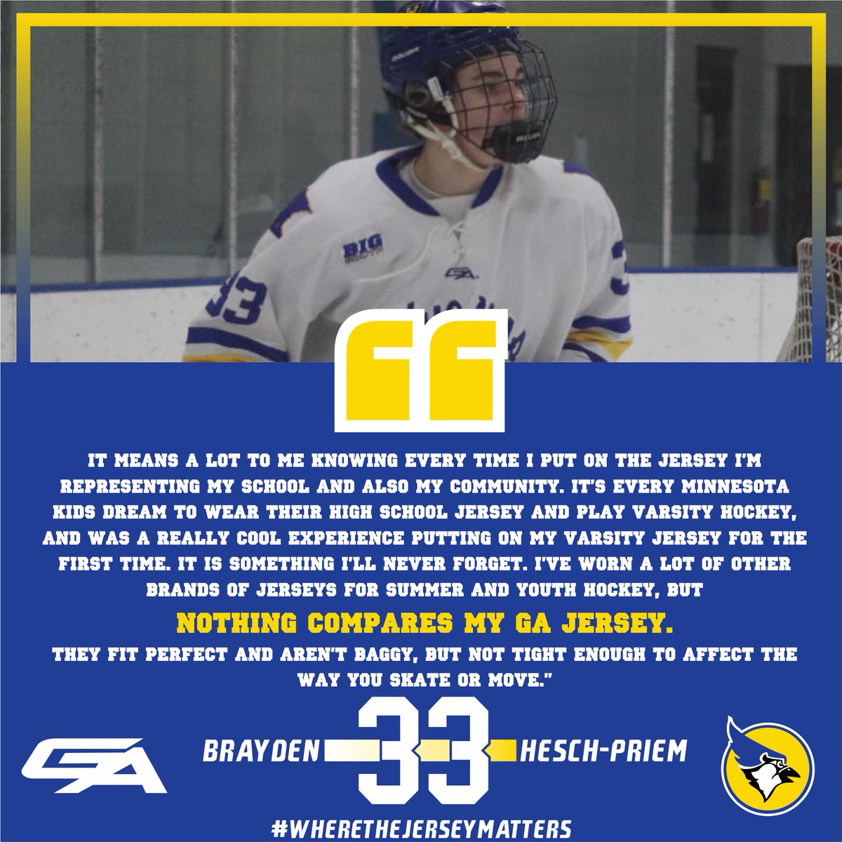 "It's every Minnesota kid's dream to wear their high school jersey and play varsity hockey....nothing compares to my GA jersey" - <a href="/bhp_33/">Brayden Hesch-Priem</a> 

Hear from <a href="/WasecaBluejays/">Bluejay Activities</a> own Brayden Hesch-Priem about his GA jersey

Wait until u see their Hockey Day set👀