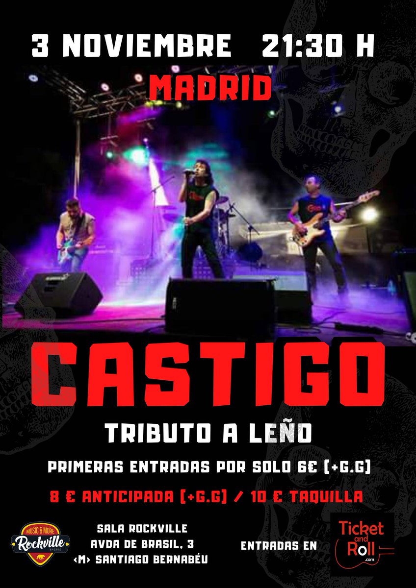 🤟Castigo Tributo a Leño. 3 de noviembre en la sala Rockville (Madrid).🤟 🎟️ Entradas por solo 8€ (+g.g) en Ticketandroll 

ticketandroll.com/evento/castigo…