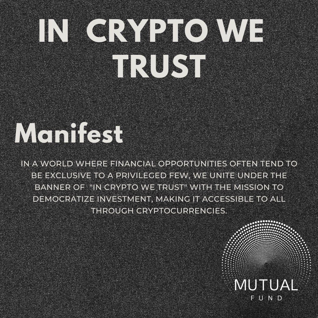 mutualfundnft's tweet photo. Trust in Cryptocurrencies

In a world where financial opportunities often tend to be exclusive to a privileged few, we unite under the banner of "In Crypto We Trust" with the mission to democratize investment, making it accessible to all through cryptocurrencies.

#nftart https://t.co/RVidARj1u4
