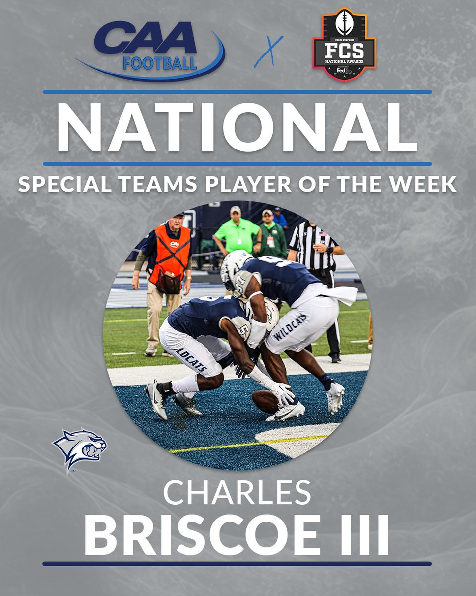 Congratulations to @UNH_Football cornerback Charles Briscoe III who has been honored as the FedEx Ground FCS National Special Teams Player of the Week by @FCS_STATS 👏 ➡️ bit.ly/3PxBrcA