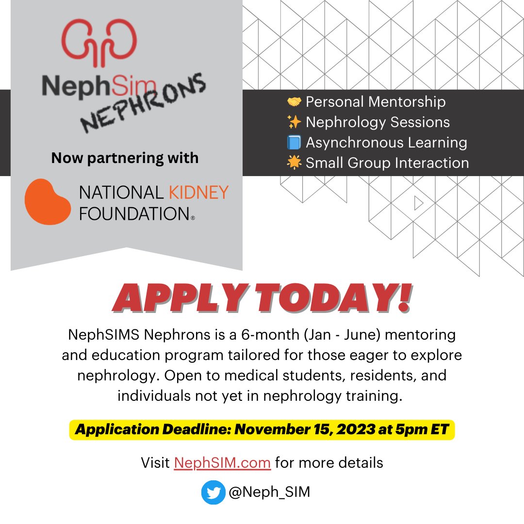 Applications are due November 15 for the 2024 #NephSIM Nephrons Program: A 6-month mentoring & education program for medical students & residents wanting to learn more about #nephrology/careers in nephrology More info/apply: nephsim.com/nephsim-nephro… #FOAMed #MedEd