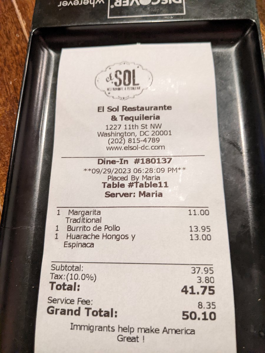 edlazere's tweet photo. Have you had this experience?  Eat at a DC restaurant only to find a 20% "service charge" on your bill. It just happened to me at El Sol on 11th St NW. These junk fees deceive customers about real prices and hurt workers because they look like tips but 100% goes to the owner. https://t.co/kjfnULqiRT