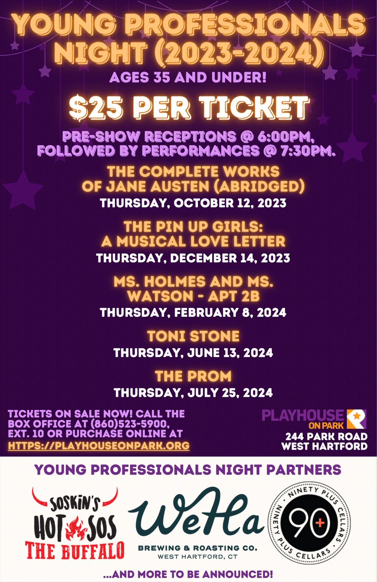 📣 CALLING ALL YOUNG PROFESSIONALS! Join us for YOUNG PROFESSIONALS NIGHT this season at Playhouse on Park!

Up Next: THE COMPLETE WORKS OF Jane Austen (ABRIDGED) on 10/12. Get your $25 tickets today!

Season 15 Shows: playhouseonpark.org/web2/Season15/…

Tickets:
tix.com/ticket-sales/p…