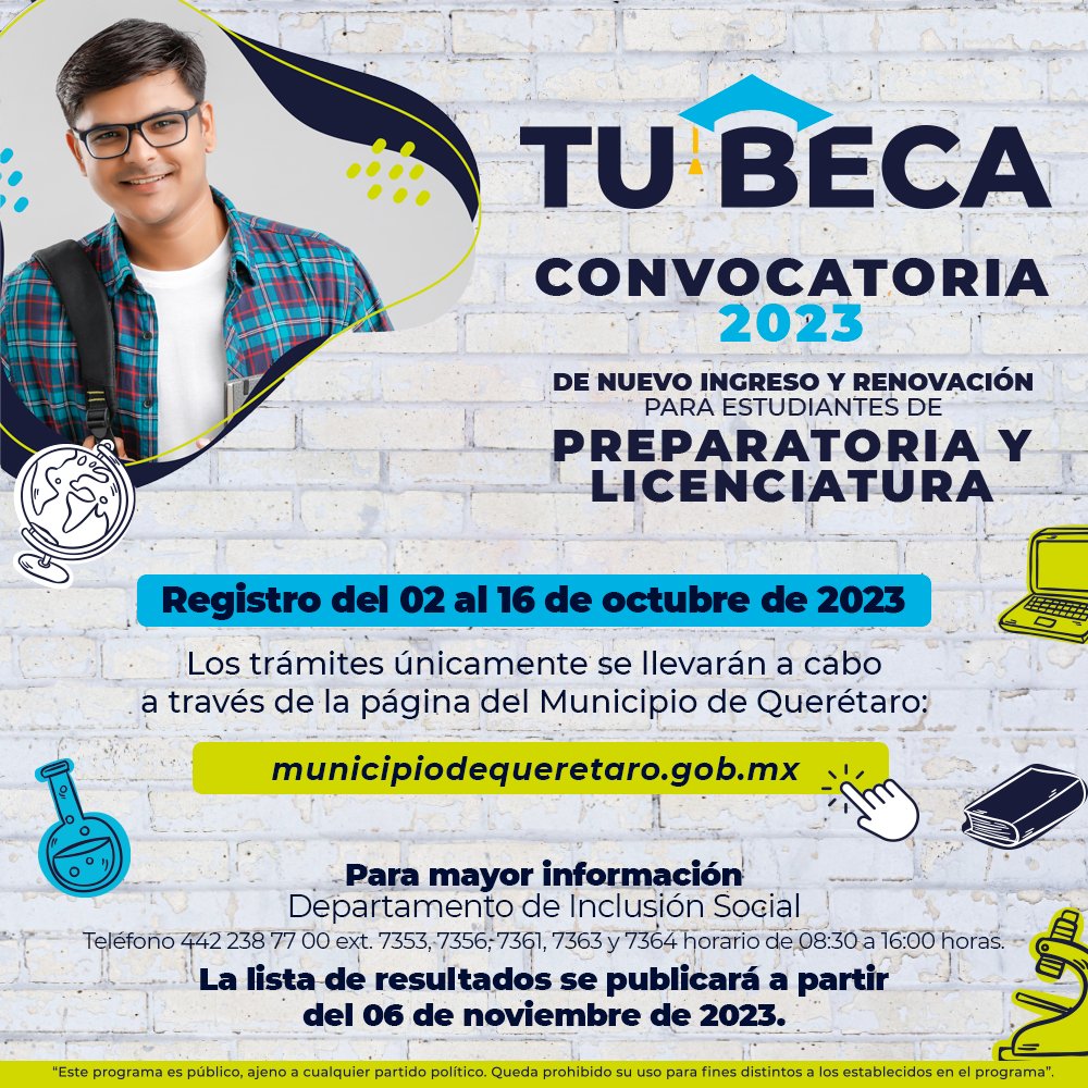 qromunicipio's tweet photo. 🔈Atención estudiante de secundaria, preparatoria o licenciatura, ¡ya puedes registrarte en la convocatoria del programa Tu Beca 2023!
➡️ Consulta todos los requisitos aquí: https://t.co/8v4xXuZQ3N
📆 Tienes hasta el 16 de octubre. https://t.co/1kzuJmF8Pj