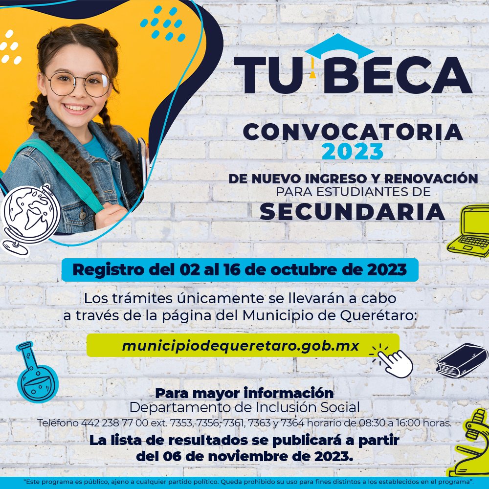 qromunicipio's tweet photo. 🔈Atención estudiante de secundaria, preparatoria o licenciatura, ¡ya puedes registrarte en la convocatoria del programa Tu Beca 2023!
➡️ Consulta todos los requisitos aquí: https://t.co/8v4xXuZQ3N
📆 Tienes hasta el 16 de octubre. https://t.co/1kzuJmF8Pj