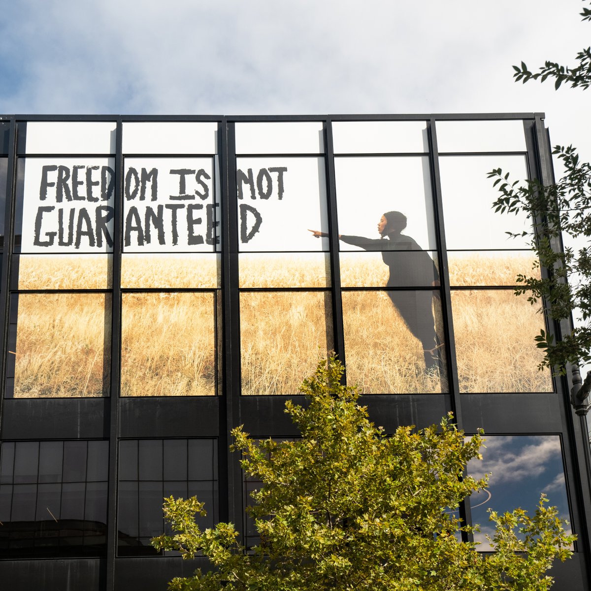 FREEDOM IS NOT GUARANTEED 📚 The freedom to read is essential to our democracy. It is continuously under attack. Marking the start of #BannedBooksWeek, artist @xavierasimmons' billboard 'Freedom is Not Guaranteed' was installed on the exterior of DC's MLK Library.