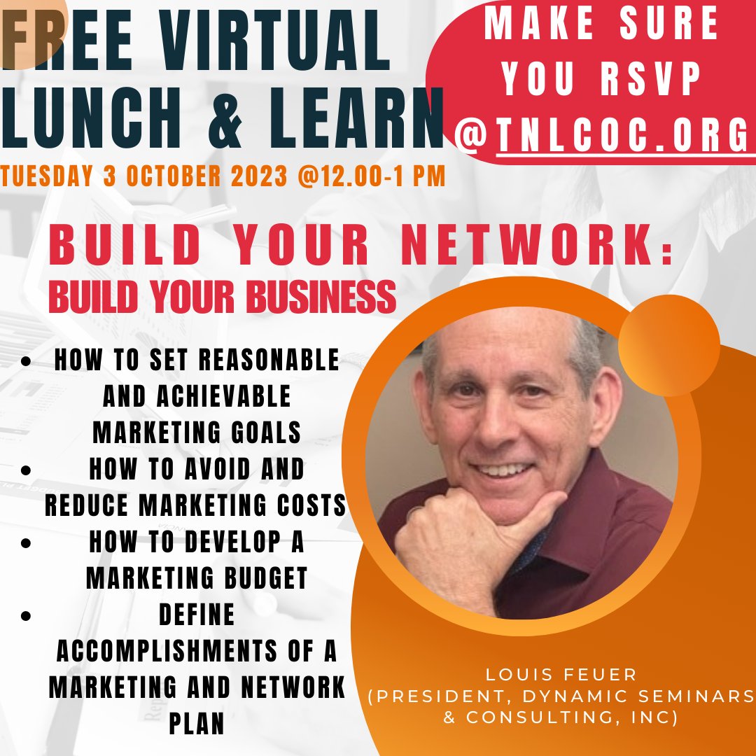 Tomorrow, join @tnlcoc for a FREE Virtual Lunch & Learn about developing a marketing budget, setting reasonable and achievable marketing goals and reducing marketing costs. Visit TNLCOC.org to RSVP for this FREE webinar.