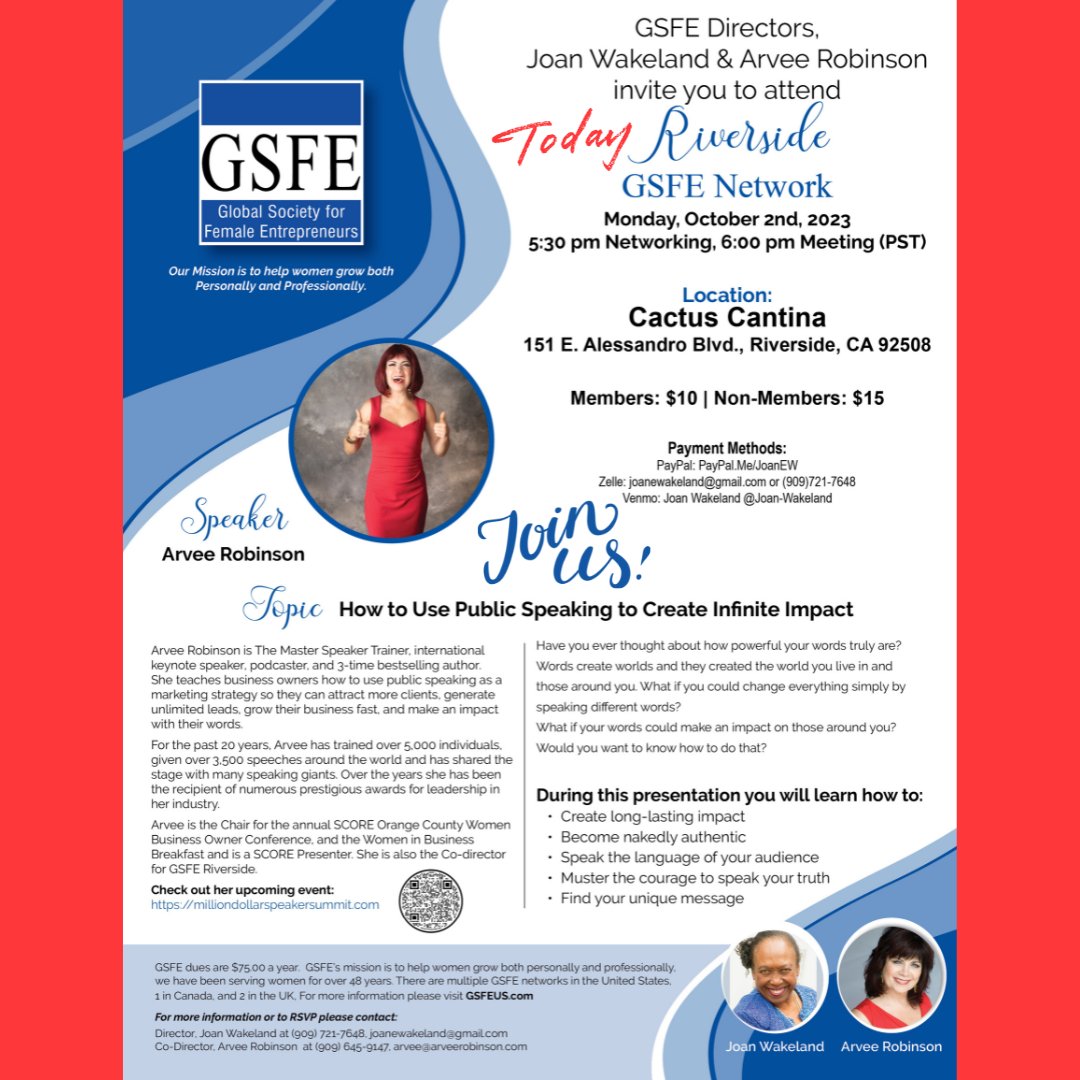 It’s almost time! Will I see you there TONIGHT?

Don't miss out - let's come together and make meaningful connections that will ignite our success!

Email me for more information: Arvee@arveerobinson.com

#networking #speaker #GSFE #Riverside