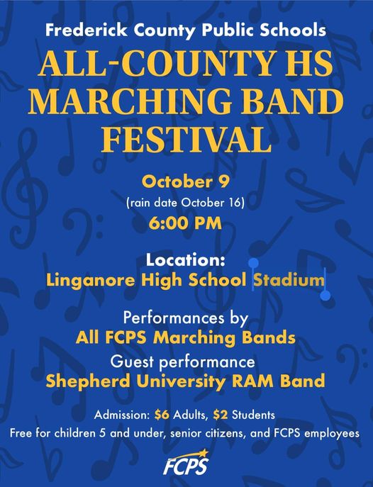 FCPSMaryland's tweet photo. The annual FCPS All-County High School Marching Band Festival will take place Monday, October 9 at 6 p.m. at Linganore High! Check out our news release for an event schedule: https://t.co/7MguRJAqLC https://t.co/oHO74Q1Xn7