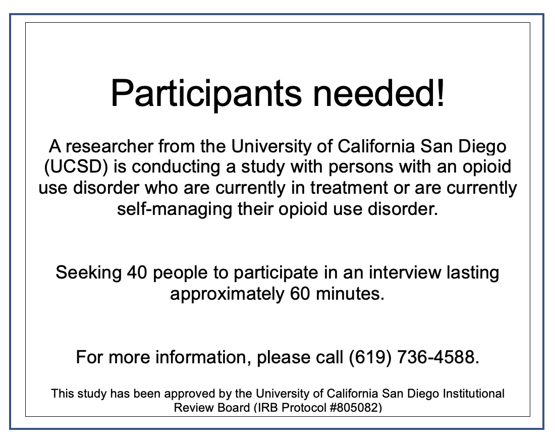 Participants needed! Paid study. Seeking persons w/opioid use disorder in recovery to discuss experiences w/medication (e.g., methadone, bupe, naltrexone), mutual-help groups (NA, SMART Recovery), or managing yourself. 1 time, 45-min. interview over Zoom. Contact # if interested!