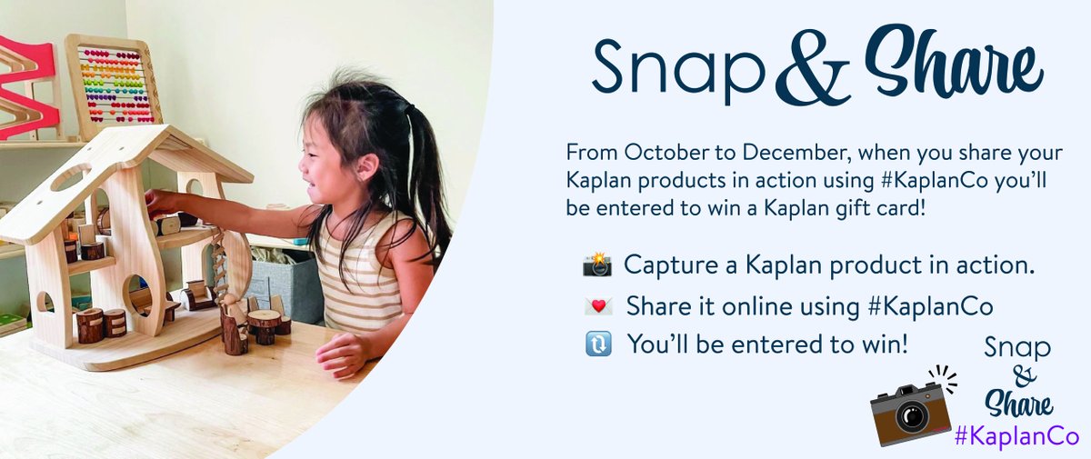Get ready to win big from October to December! It's as easy as: 📷 Snap a pic using a Kaplan product. 🏷️ Share and tag us and include #KaplanCo. 🎉 If we feature your photo, you're entered to win a $25 Kaplan gift card! #Snap&Share today for your chance to win big!