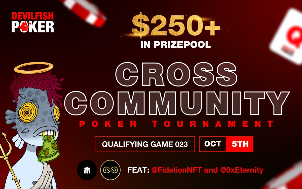 DEVILFISH POKER OPEN QUALIFIERS – EDITION 023 
Celebrating past &amp; future collaborations 🚀

23rd edition of the qualifiers and this week is about celebrating some of our past collaborations <a href="/FidelionNFT/">Fidelion \191\</a>  &amp; <a href="/0xEternity/">Eternity.io 🃏</a> 🏆

Pre tournament X Space
x.com/i/spaces/1mnGe… 

#poker