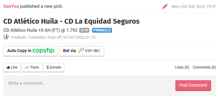 Colombia 🇨🇴

⚽️Atlético Huila - Equidad

Pick : Atlético Huila DNB (Remboursé si match N)

Mise : 1,5%

Match ultra important pour Huila qui est toujours premier relégable.
Conditions différentes qu'à Bogota. Très chaud. Pas d'altitude. 

Dispo en arjel
Un maximum de