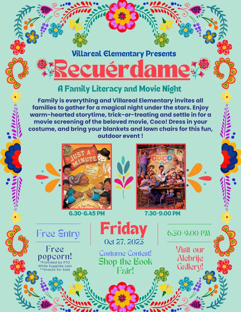 villarealhawks1's tweet photo. Join us for a Family Literacy and Movie Night on October 27th! Grandparents are invited as well! 🎊@MsSol_HdzReads https://t.co/1W0HBKi5yX