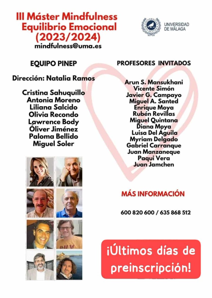 IEplena's tweet photo. ¡Últimos días de preinscripción!

III MÁSTER MINDFULNESS Y EQUILIBRIO EMOCIONAL de la @InfoUMA

Del 20/10/2023 al 15/7/2024 PLAZO PREINSCRIPCIÓN ABIERTO hasta agotar plazas.  

Más información y preinscripción: 
https://t.co/YhcdNqU51r

#mindfulness #inteligenciaemocional #pinep https://t.co/wdM9wPUN5K