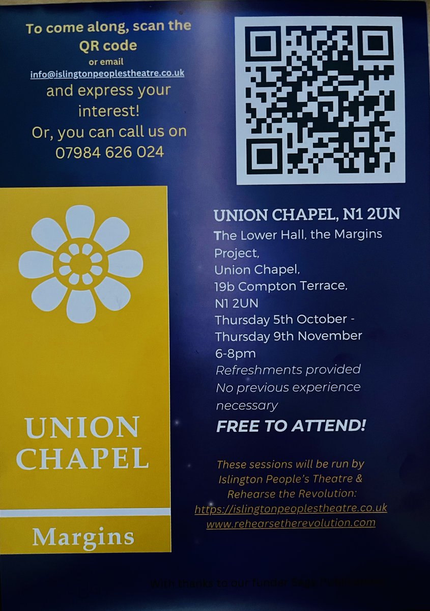 Islington_PT's tweet photo. Free &amp; fun drop-in applied &amp; forum theatre workshops 'Be the Change' @UnionChapelUK #themargins. Starts this Thursday Oct 5th 6 - 8 pm &amp; every Thursday for 6 weeks. Come &amp; join us and let's change things! #appliedtheatreforsocialchange #resistance #rehearsetherevolution #change https://t.co/1XXisy7lVe