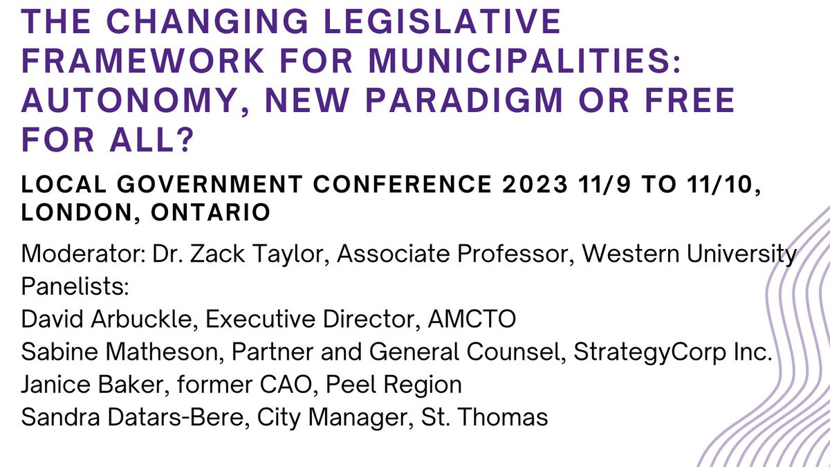 Concerned about the changing legislative landscape for municipalities in Ontario? Not sure what it means for your city/town/region (and your role in it)? Let the experts guide you as they tackle this important conversation. Register today! westernconnect.ca/site/Calendar?…
