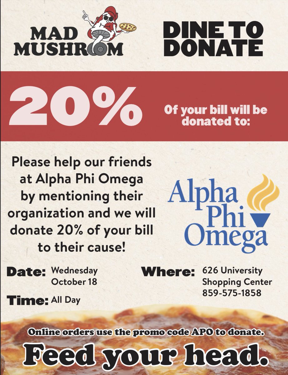 Hello Friends! Save Wednesday, October 18, for a night of pizza and 20% of your bill will be donated to our organization! Be sure to mention Alpha Phi Omega with your order or use code “APO” at checkout!