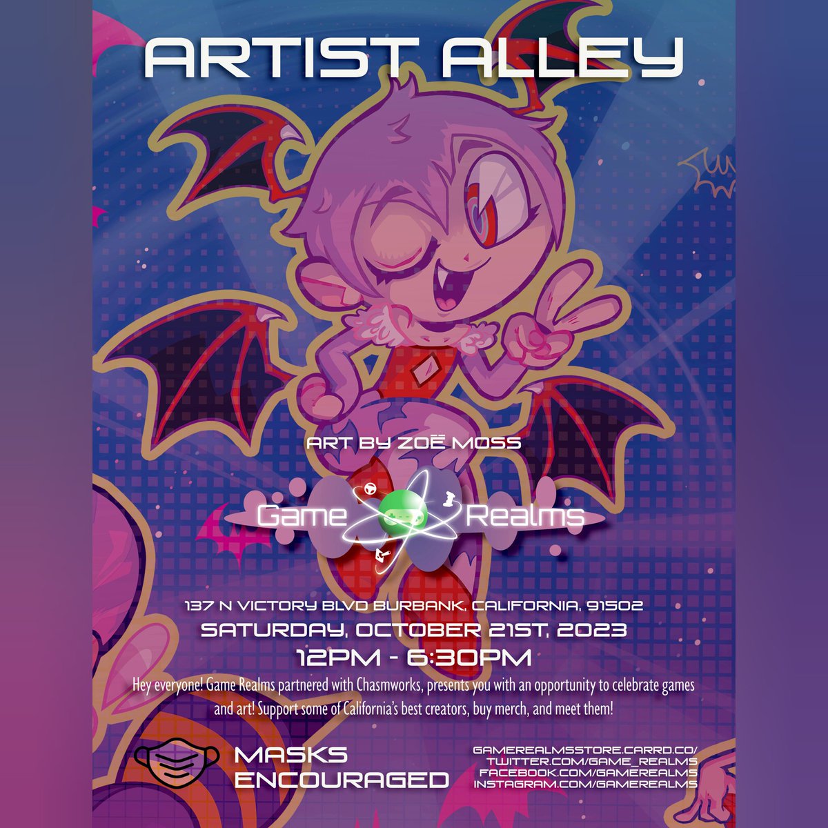 Game_Realms's tweet photo. #ARTISTALLEY EVENT by @Chasmworks &amp; @Game_Realms in #Burbank #California!

Date: Oct 21st, Saturday, 2023, at 12 PM to 6:30 PM!

Artists Pt 1:
@lluvia_yami
@wizardofkitty
@courtdraws
@Mirakelsey
@BeeBeeRock
@lizannamae_h
@andymanley3
@ChulieChu
@roxyryoko
@oni_hat
@janegumball https://t.co/k0oETYSac2