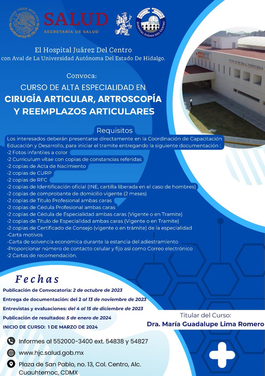 HJCentro's tweet photo. El Hospital Juarez del Centro con el Aval de la Universidad Autónoma del Estado de Hidalgo 

CONVOCA

   A los médicos interesados en llevar a cabo en esta sede, el curso en Alta Especialidad en CIRUGÍA ARTICULAR, ARTROSCOPÍA Y REMPLAZOS ARTICULARES, para concursar por una plaza https://t.co/mGOJ8AHEmg
