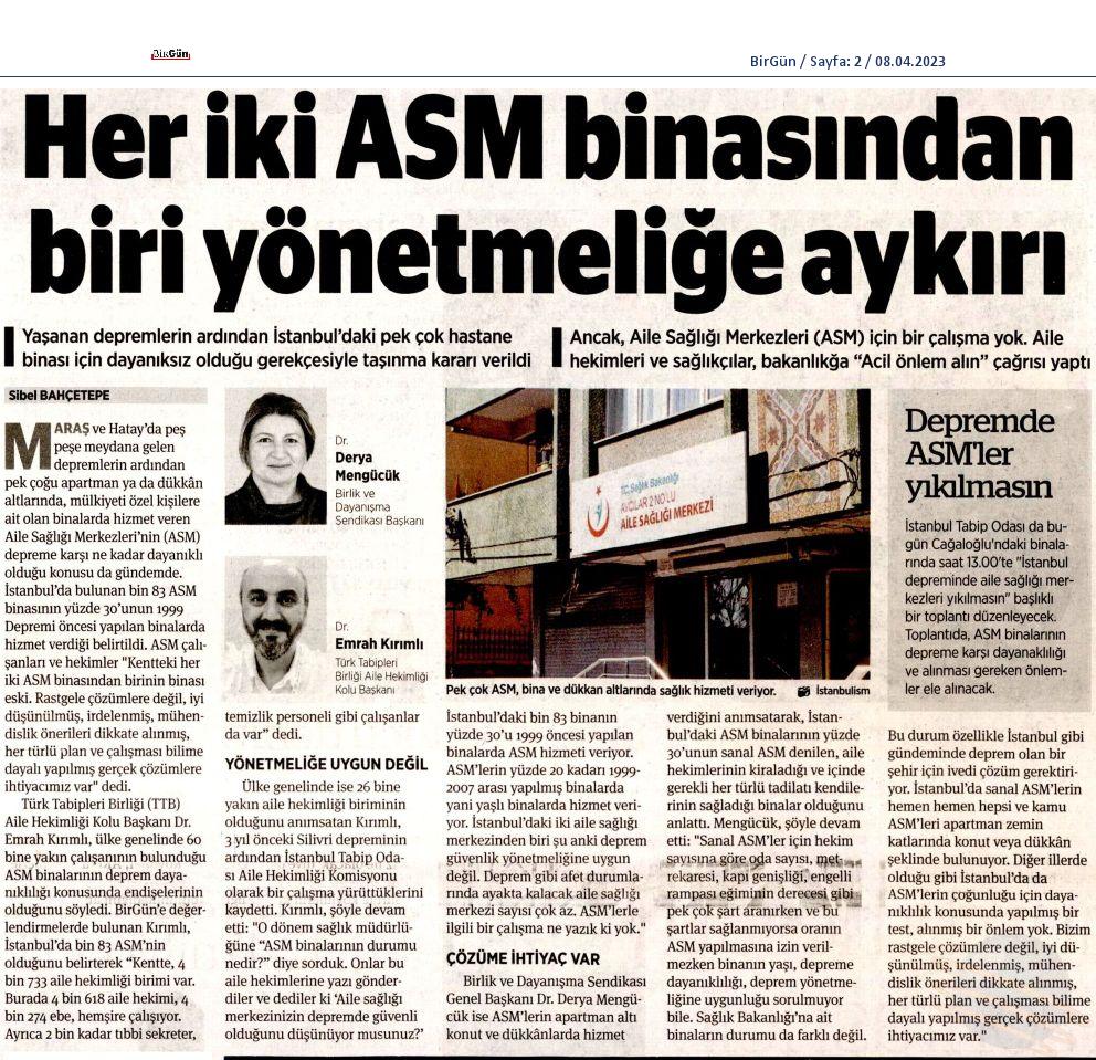 Aile hekimliği kamusal bir hizmet olup, buna uygun yapılmış kamu binalarında hizmet verilmeli,kira sorunu ortadan kalkmalı, hizmetli, tıbbı sekreter, sağlık memuru, hemşire gibi gruplandırma personeli müdürlük kadrosuna alınmalıdır. Her çalışanımıza iş güvencesi sağlanmalıdır.