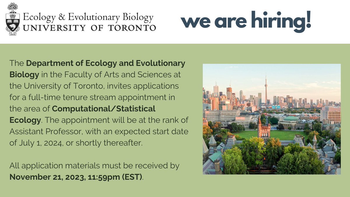 🔬 NOW HIRING! @eebtoronto invites applications for a full-time tenure stream appointment in the area of Computational/Statistical Ecology. Applications are due November 21, 2023, 11:59pm (EST). Learn more at uoft.me/eebcomp Please share widely!