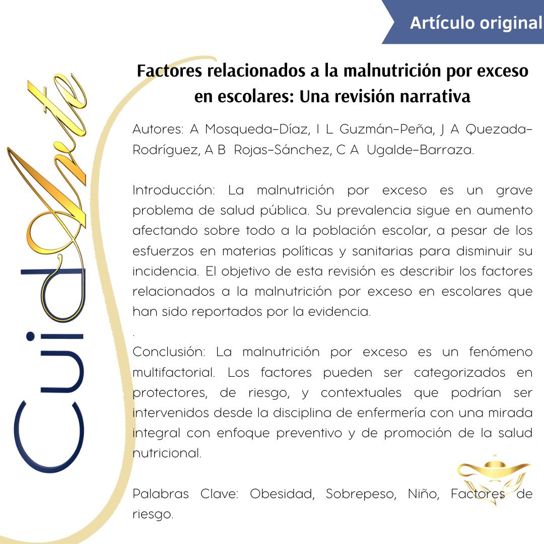 RevistaCuidArte's tweet photo. La #RevistaCuidArte invita a sus lectores a seguir leyendo sus contenidos. En este inicio de semana, te recomendamos el artículo “Factores relacionados a la malnutrición por exceso en escolares: Una revisión narrativa”. Disponible en: https://t.co/YgKii8rqNL https://t.co/9sYVVWIj7h