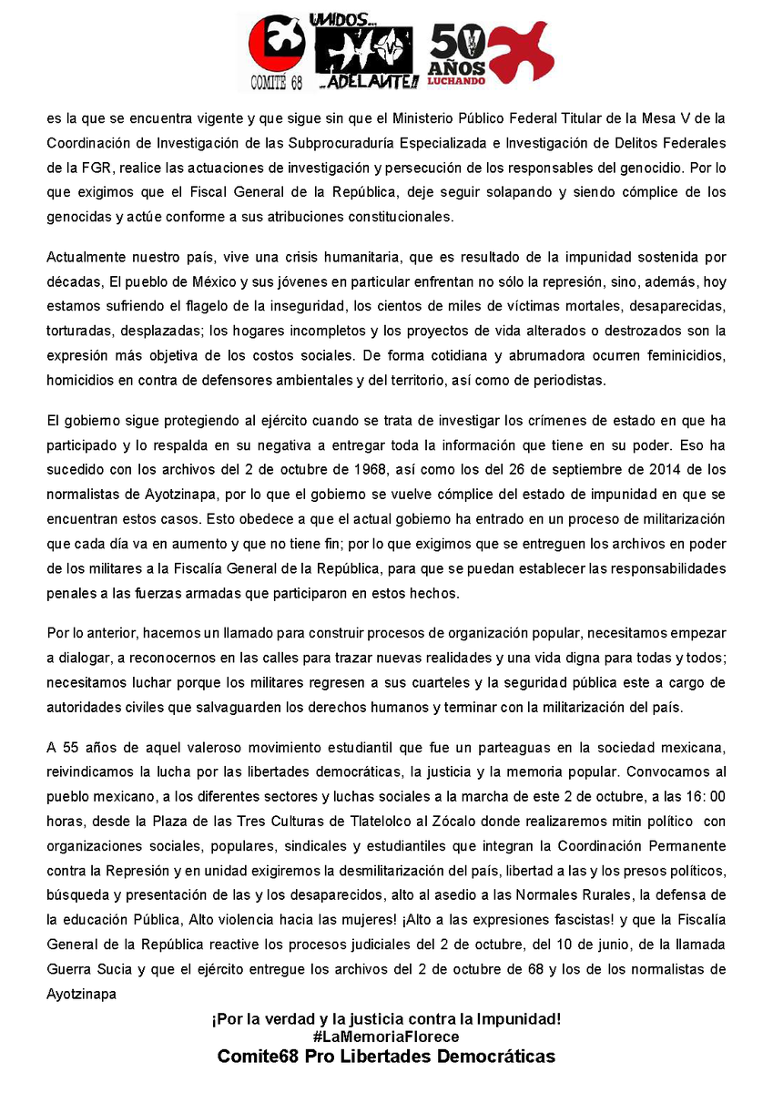 Pese a los intentos de exculpar al ejército mexicano de su participación en el genocidio del 2 de octubre de 1968, hoy lo decimos fuerte y claro #FueelEjercito #FueelEstado ¡No al Poder Militar, construyamos Poder Popular!