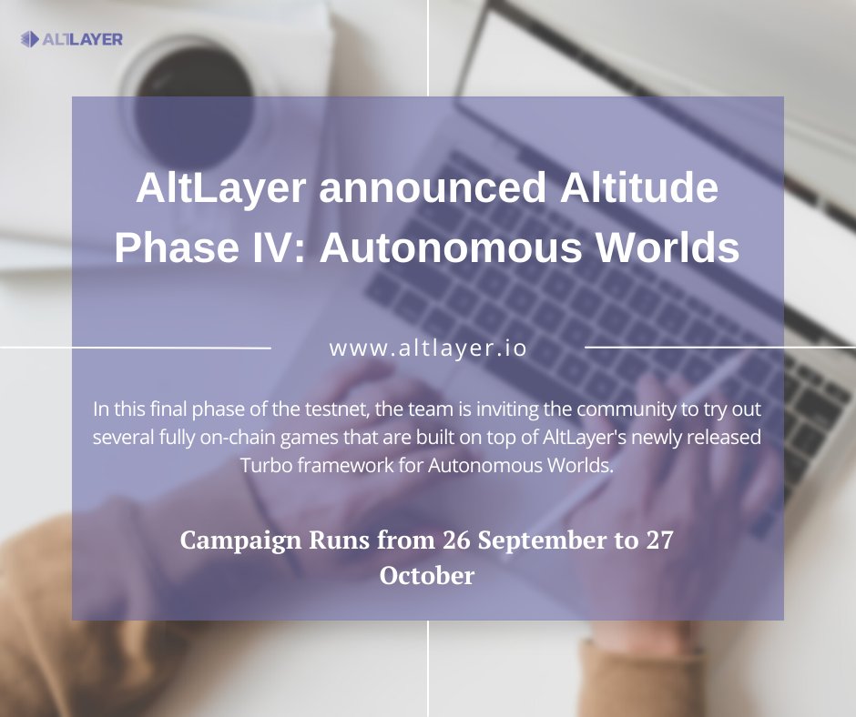 pomitalu's tweet photo. π’ Hello everyone, we've finally waited for this, @alt_layer launched the 4th and final phase of their testnet
π
Altitude Phase IV: Autonomous Worlds will run from 26 September until 27 October.
#Altlayer #Altitide @Kenwt_1 https://t.co/apO6PGbtVX