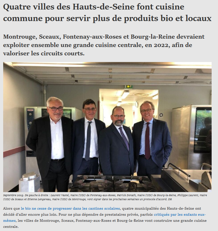 Le 2 octobre 2019, dans @le_Parisien , le maire de #Sceaux annonçait avec les maires de  #FontenayAuxRoses, #Montrouge et #BourgLaReine  création d'une cuisine centrale commune valorisant les #CircuitsCourts.
4 ans plus tard le projet est tjrs au point mort.