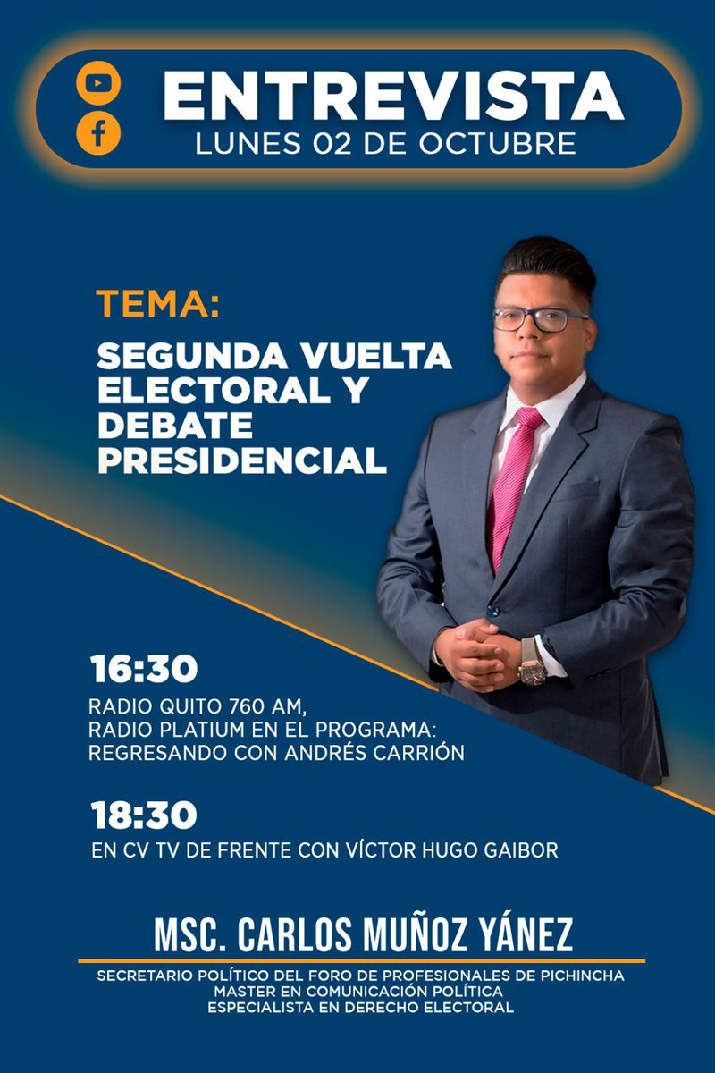 ForoPichinchaEc's tweet photo. 📺📻 @carlosmuoz51, coordinador político del FORO de Profesionales de Pichincha, hoy mantendrá una entrevista para dialogar sobre el debate Presidencial y la segunda vuelta electoral en el #Ecuador. ¡Acompáñanos! https://t.co/yo0oM8gVFO