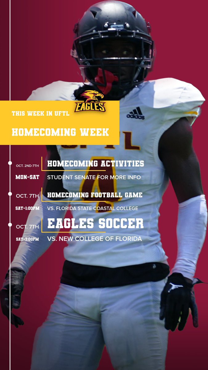 HOMECOMING WEEK IS FINALLY HERE! 

Make sure to participate in all of this week’s Homecoming Activities with @uftl_studentsenate &amp; support our Eagles Athletics on Saturday! 

#HOMECOMINGWEEK🥳