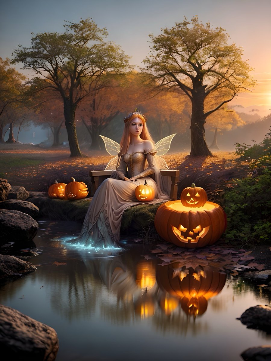 rboblee's tweet photo. Pumpkin realms aglow,
Fairy's regal grace on show,
Autumn's magic flows. - Generated by Bob Lee - Haiku made with @chatgpt - Image made with @PhotoleapApp #aiart #digitalart #stablediffusion #ai_art_community #dailychallenge_ai #pumpkinprincess #fantasystyle https://t.co/P9KZuhb0AZ