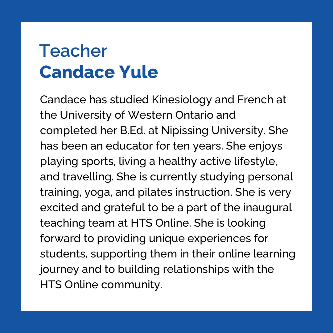 🔹MEET THE TEACHER🔹

We are pleased to introduce you to our spectacular team of teachers! 👩‍🏫

First up we have Ms Yule! Ms Yule is very excited to be a part of the inaugural teaching team at HTS Online.

#HTSOnline #OnlineTeacher