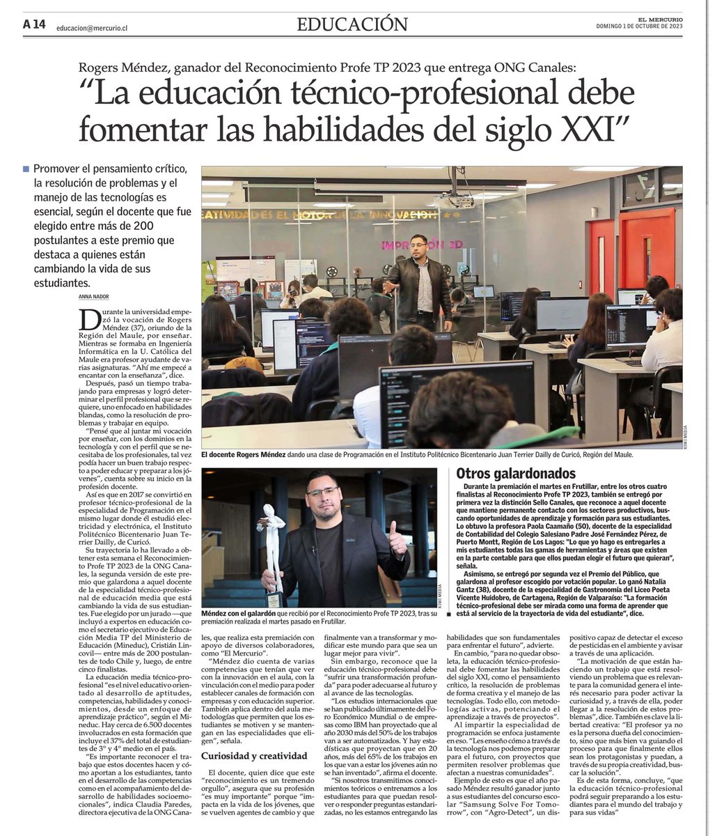 ONGCanales's tweet photo. 📰 Les compartimos nota publicada ayer domingo en @ElMercurio_cl, donde se destaca a Rogers Méndez, Ganador de la 2a Versión del reconocimiento #ProfeTP2023 🙌 https://t.co/5aWVeghgJy