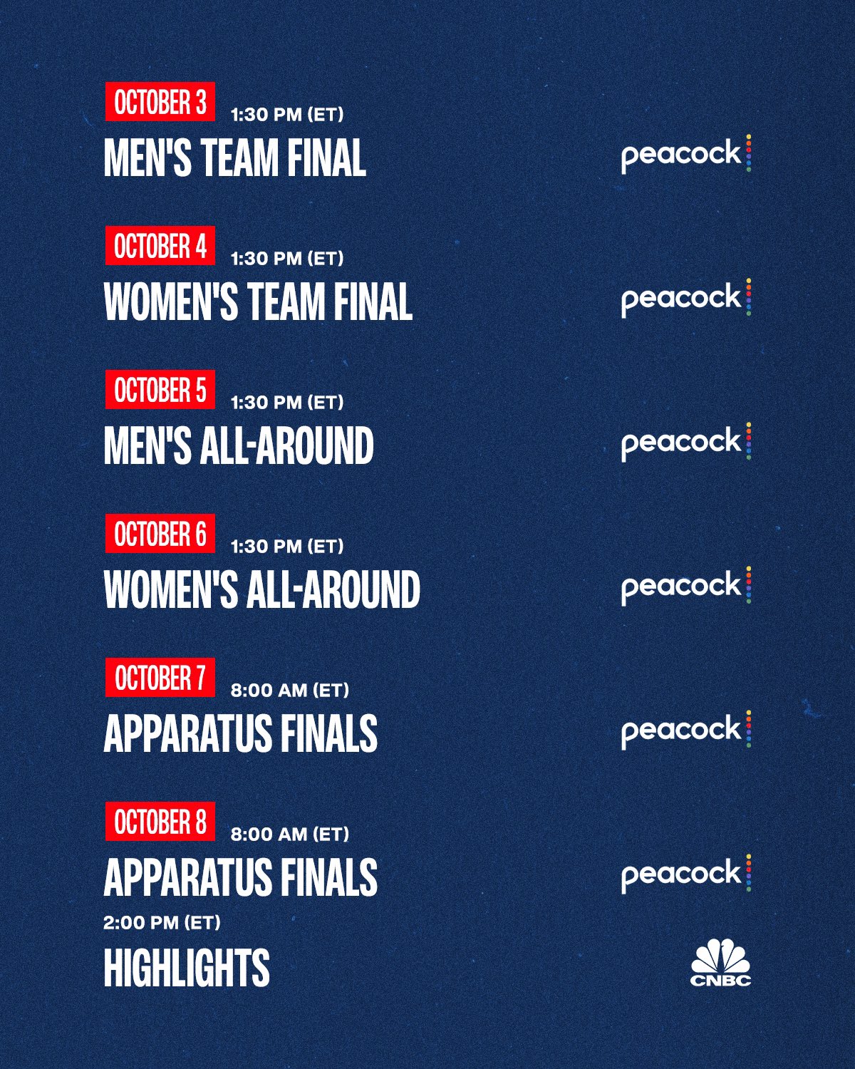 Watch on Peacock October 3rd to the 6th at 1:30 PM (ET) and October 7th to the 8th at 8:00 AM (ET)