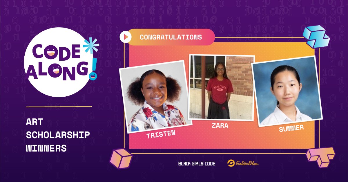 🎉 Congrats to the talented winners of the CODE Along art scholarship: Summer, Tristen, and Zara! These remarkable GIRL CODERS have each earned a well-deserved $2,500 scholarship for showcasing their digital and animated art skills through their fantastic 'CODE Along' designs