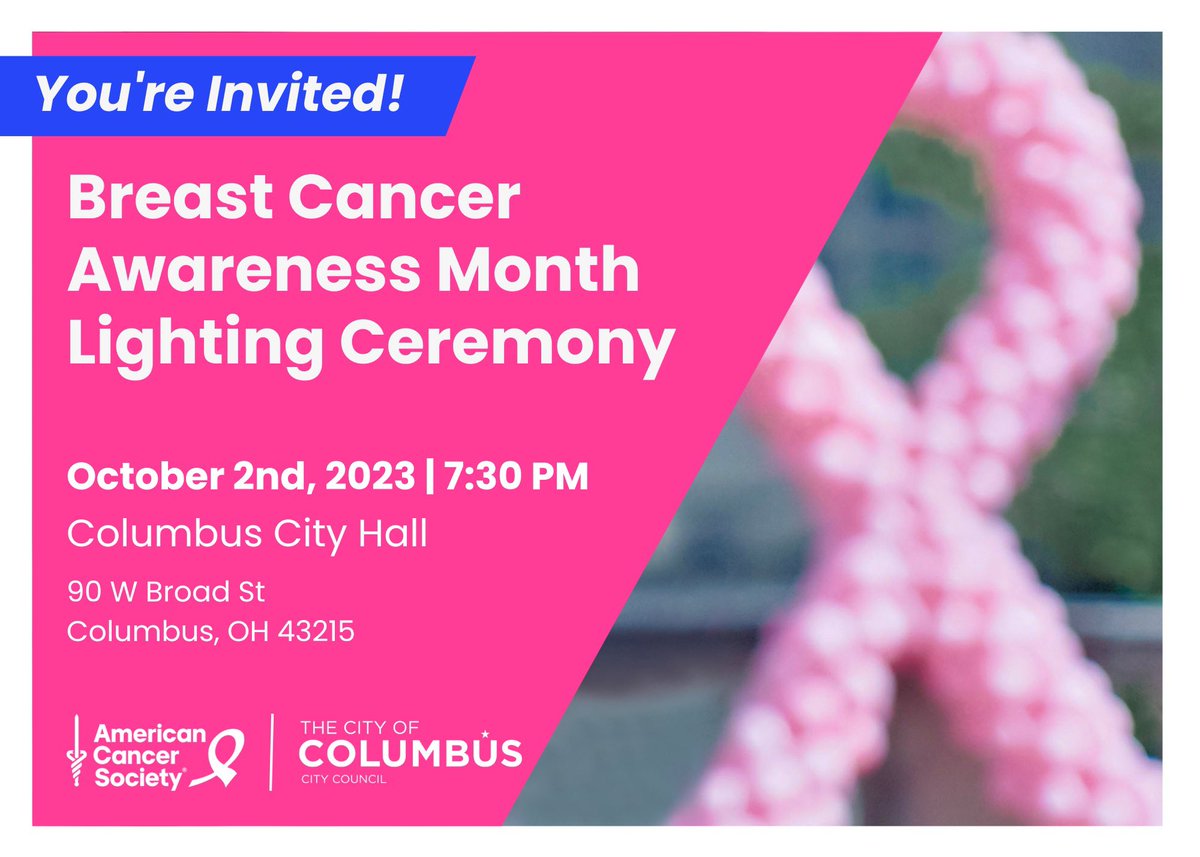 Please join @ColumbusCouncil and the @AmericanCancer Society tonight at 7:30 pm for a “Breast Cancer Awareness Month Lighting Ceremony” where we will hear from a terrific lineup of speakers and light City Hall 💕🎀 PINK 🎀💕 You can watch live on YouTube: youtube.com/live/_tbiwBRe3…