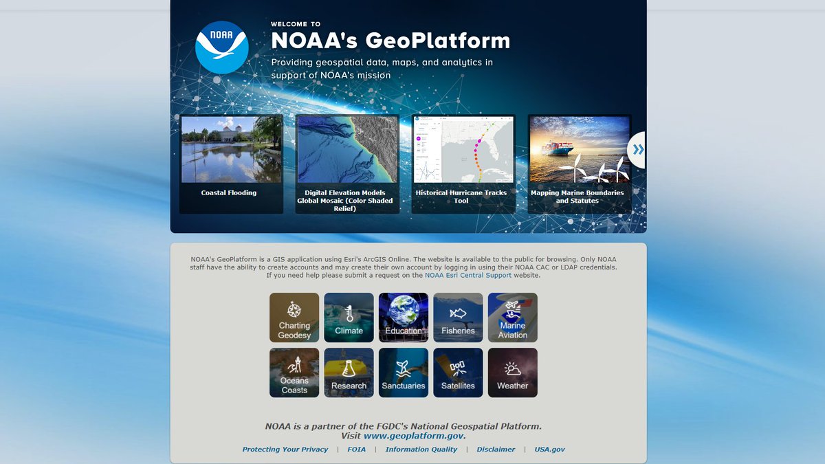 Are you looking for maps, layers, scenes, apps, and StoryMaps? NOAA's Geoplatform provides geospatial data, maps, and analytics in support of NOAA's mission through a GIS application using Esri's ArcGIS Online. Learn more: climate.gov/maps-data/data…