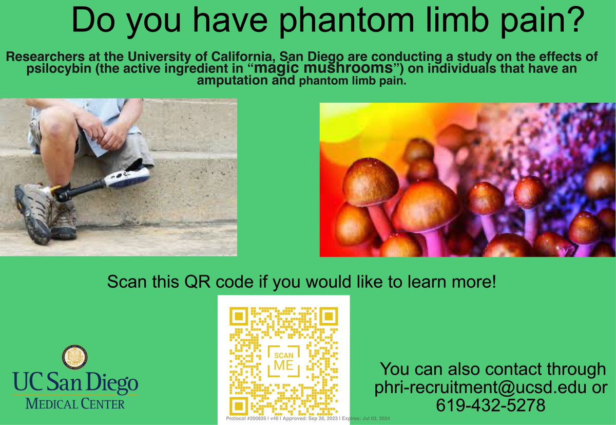 We are recruiting individuals living with phantom limb pain to study the effects of #psychedelics  #psilocybin  on pain and health? 

Please share if you know anyone interested.