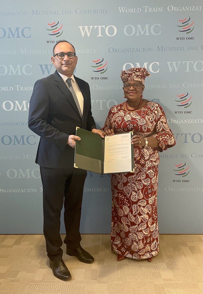 Receiving credentials at the <a href="/wto/">WTO</a> today. With Their Excellencies, Ambassador Caroline Bwanali-Mussa of Malawi and Ambassador <a href="/alishussain_/">Ali Sarfraz Hussain</a> of Pakistan. Looking forward to engaging more as we head towards MC13