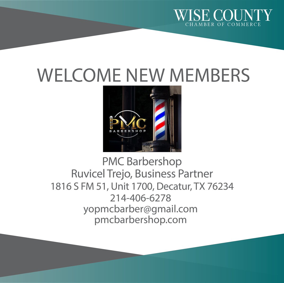 WiseCountyChamb's tweet photo. Welcome New Member: PMC Barbershop, a full-service modern barbershop with an amazing team of barbers. Locations in Decatur and Denton. #welcomeunitepromote #wisescountychamber #wisecountytx #newmember #pmcbarbershop #decaturtx https://t.co/p30H04BxfI