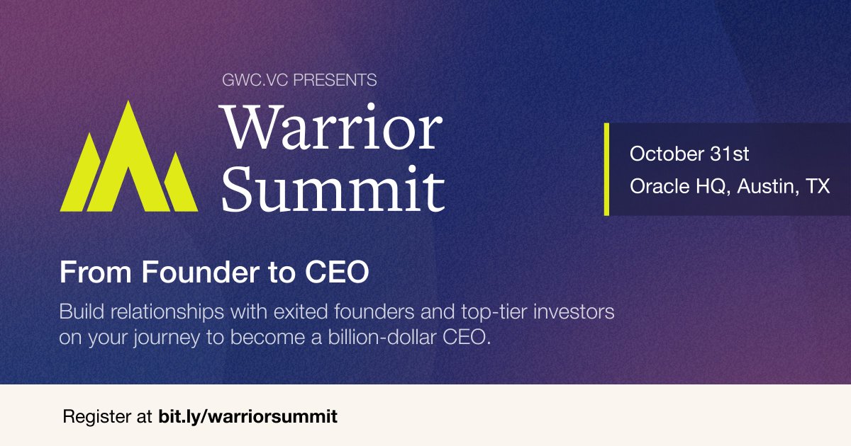 At GWC we use our history as operators to help startup leaders transform from Founder → CEO.

At Warrior Summit on 10/31, influential investors + high-growth founders will build deep relationships and embrace the mindset of billion-dollar CEOs. bit.ly/warriorsummit