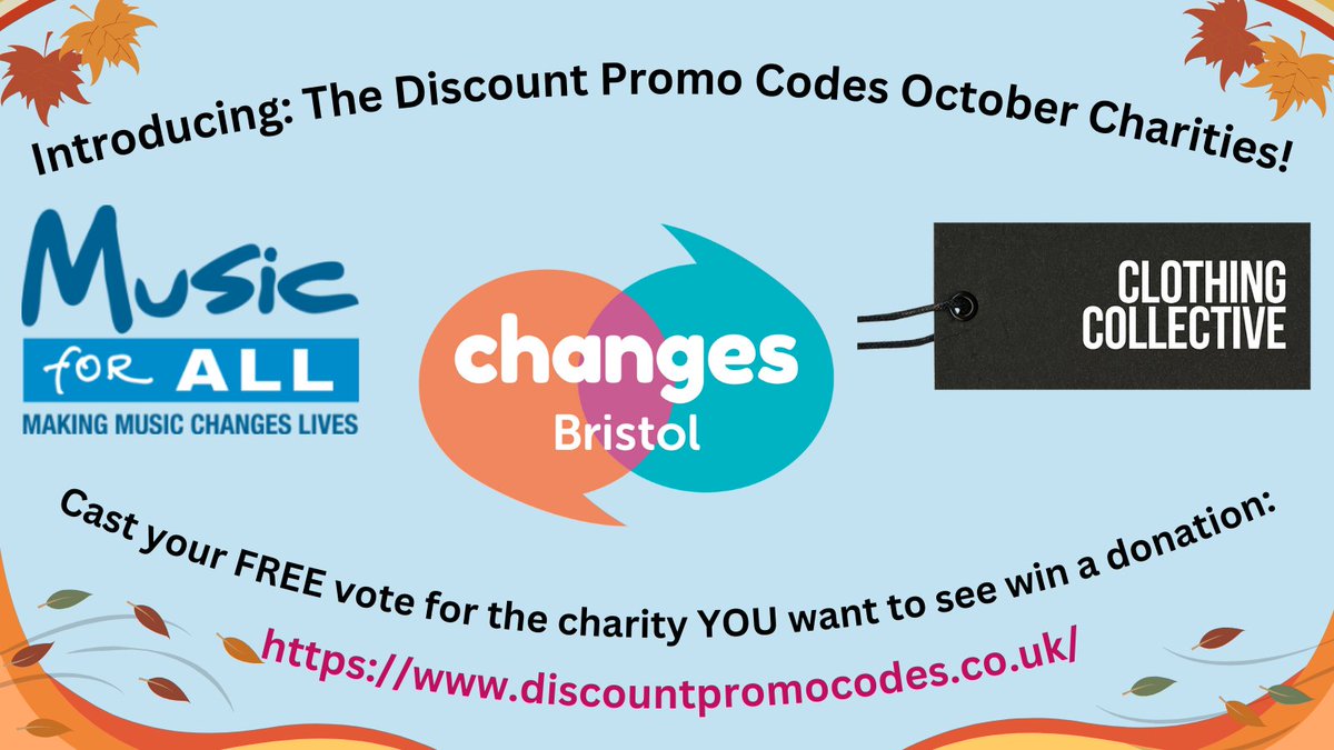 Discount Promo Codes (@discpromocodes) on Twitter photo Introducing the four new charities taking part in our charity poll this month! <a href="/MfACharity/">Music for All UK</a>, @ClothingCollective and <a href="/ChangesBristol/">Changes Bristol</a>. Find out more about each charity throughout the month, and vote for the one YOU want to see win 20% of our profits: discountpromocodes.co.uk Introducing the four new charities taking part in our charity poll this month! <a href="/MfACharity/">Music for All UK</a>, @ClothingCollective and <a href="/ChangesBristol/">Changes Bristol</a>. Find out more about each charity throughout the month, and vote for the one YOU want to see win 20% of our profits: discountpromocodes.co.uk