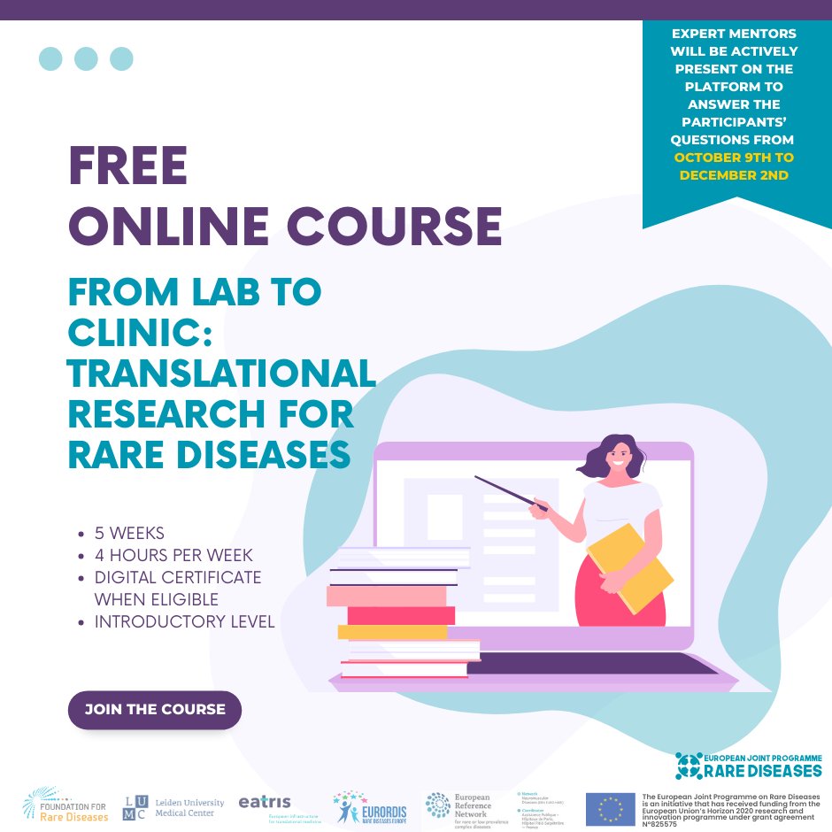 From October 9th to December 2nd, mentors and educators, experts in the field, will be available online to answer your questions and to support you during your journey in this @EJPRareDiseases online course.  Take the opportunity to interact with them!
 ℹ️ futurelearn.com/courses/introd…